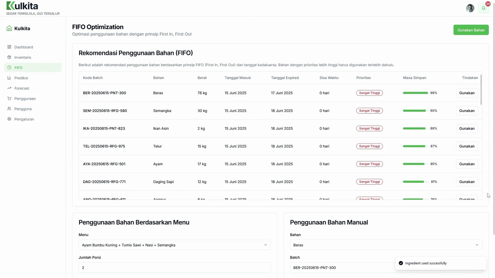 FIFO screen: which batch to use first, ranked by expiry date and freshness.