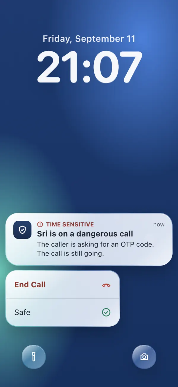 The child is alerted on the lock screen while the call is live.